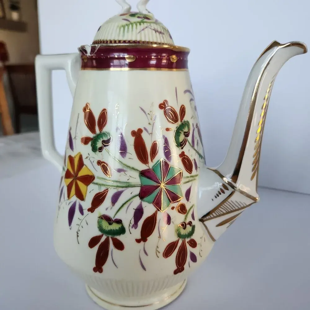 Antique 20s German Handpainted Chocolate Coffee Pot Gilt Floral Art Deco